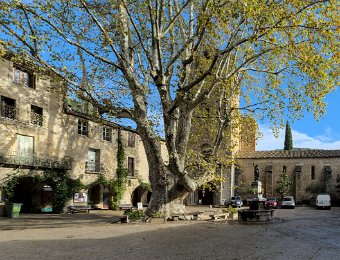 Place principale du village (place de la Liberté). Au fond l'entrée de l'abbaye de Gellone